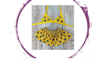 Load image into Gallery viewer, Bikini - Yellow with Blue Love Hearts Bikini and Elastic Skirt