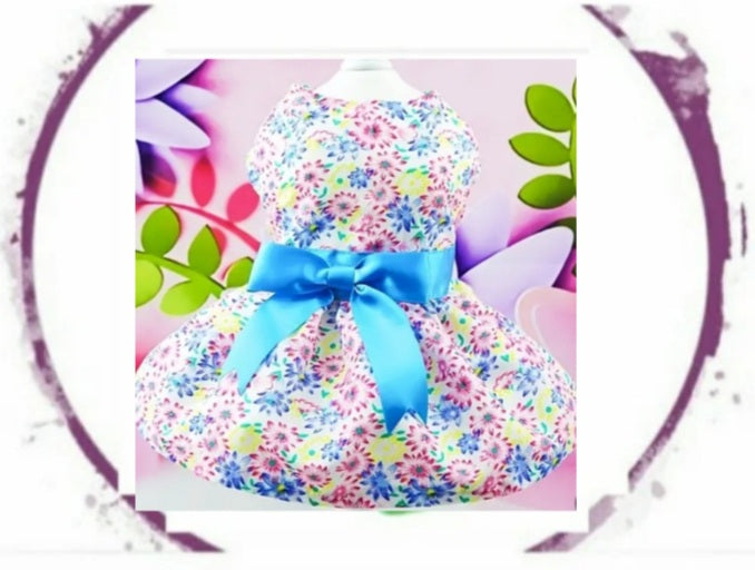 Dress - Floral Dress with Blue Sash